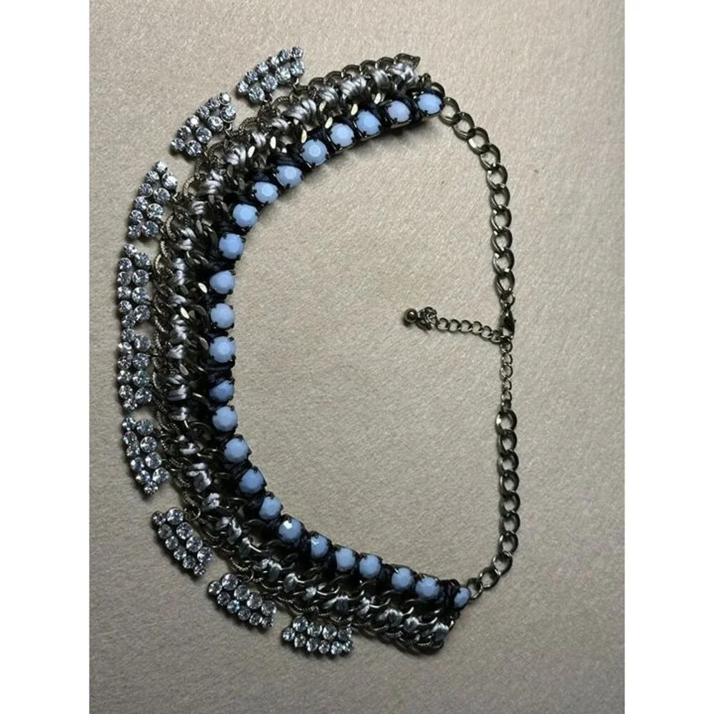 gunmetal statement necklace black ribbon weave crystal fringe bib jewelry nwt